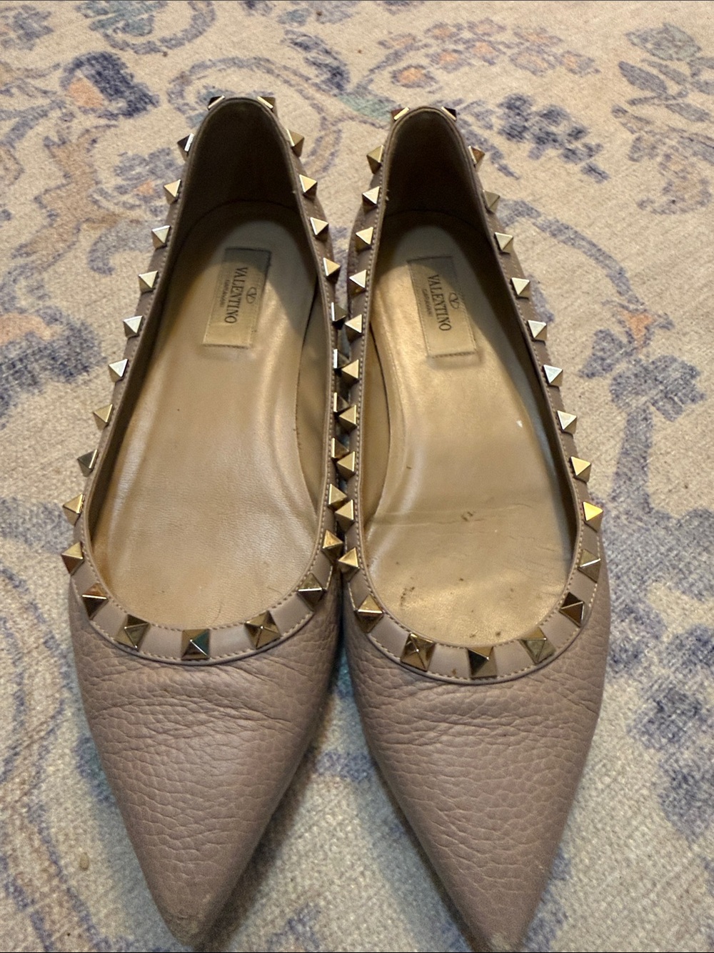 Valentino Garavani Taupe Leather Rockstud Pointed Ballet Flats